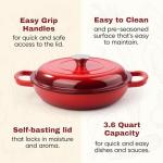 3 Quart Enameled Cast Iron Braiser, Non Stick Enameled Cast Iron Skillet with Lid, Dutch Oven Skillet with lid up to 500°F for Oven, Stove, Grill, Shallow Dutch Oven for Cook, Bake (Red)