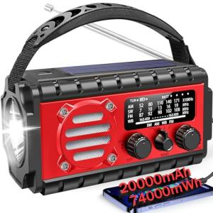 20000mah Emergency Radio, SW/NOAA/AM/FM Weather Radio, Solar Powered Hand Crank Charger with Big Battery Powered, Portable, Cellphone Charge, SOS, Flashlight for Emergency/Home