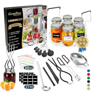 Gemfino Canning Supplies Starter Kit with Canning Rack,Canning Kit for Beginners 11 Pcs, Jar Lifter, Funnel, Wrench, Tongs, Lid Lifter, Bubble Popper, Labels, Ladle, Measuring Spoon - Black