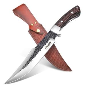 Huusk Fixed Blade Bowie Knife - 8" Hunting Knife with Sheath, Full Tang Survival Knives with Ergonomic Wood Handle, Outdoor Bushcraft Knives for Camping Hiking Fishing BBQ, Christmas Gifts for Men