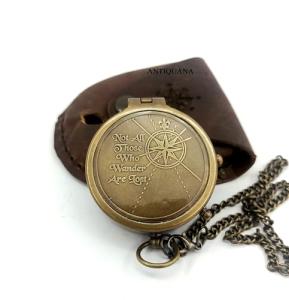 ANTIQUANA Brass Compass Unique Print 'Not All Those Who Wander are Lost' Engraved Compass with Leather Case and Chain A Great Gift Item for Your Loved Ones, Brown