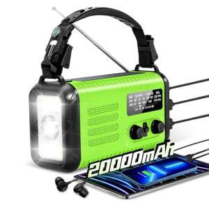 20000mAh / 74000mWh Emergency Crank Radio, NOAA/AM/FM Portable Weather Radio, Solar Hand Crank Radio, Battery Powered with USB Phone Charger, Flashlight Reading Lamp & SOS for Survival (Light Green)