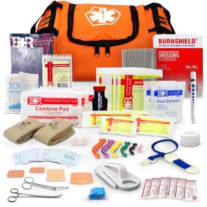 Fully Stocked Trauma First Aid Kit – First Responder II Bag with Tools, Gauze, Bandages, Scissors & Gloves – Compact & Portable – OSHA and ANSI Compliant – Orange