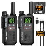 Walkie Talkies Long Range for Adults, Rechargeable Walkie Talkie FRS Two Way Radio with 1500mAh Li-ion Battery USB-C Charger NOAA Weather Radio VOX Walky Talky for Hiking Cruises Camping (2Pack)