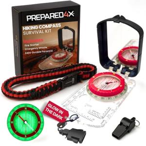 PREPARED4X Hiking Compass Survival – Mirror Sighting Map Orienteering Compass – with 35-Ft 550 Survival Paracord Lanyard, Fire Starter, Whistle, Fishing Line, Tinder Cord