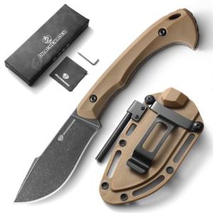 DRACHENADER Survival Knife with Fire Starter L-Y, 7.68" Full Tang Small Fixed Blade Knife with Belt Clip, Khaki + Stonewashed Black