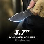 DRACHENADER Survival Knife with Fire Starter L-Y, 7.68" Full Tang Small Fixed Blade Knife with Belt Clip, Khaki + Stonewashed Black