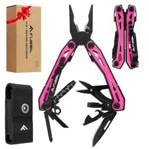 FLISSA 16-in-1 Pink Multi Tool Pliers, Gifts for Men, Stainless Steel EDC Multitool with Pocket Knife, Belt Clip and Oxford Pouch, for Camping Survival Outdoor Activities