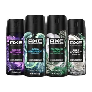 AXE Fine Fragrance Body Spray Variety Pack 4 Pack Everyday Essentials - Emerald Sage, Aqua Bergamot, Purple Patchouli, Pure Coconut Aluminum Free 4 oz