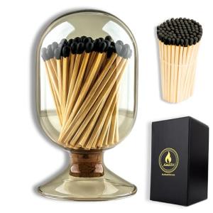 Includes Matches ! | Smoke Gray Glass Matches Cloche | Grey Tinted Decorative Match Holder Jar for Candles Set Display (Black Matches)