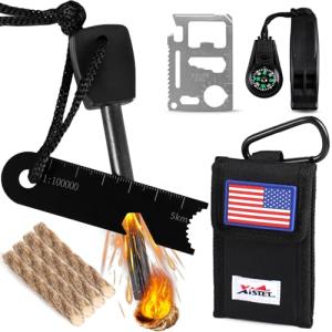 5 in 1 Ferro Rod Fire Starter Kit, Survival Gear Tool with Flint and Steel, Emergency Whistle, Credit Card Multitool, Compass & Waterproof Tinder for Outdoor, Emergency, Camping, Hiking, Gifts for Men