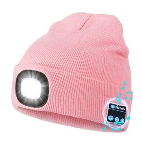 Wmcaps Bluetooth Beanie with a Light, Unisex USB Rechargeable 4 LED Fashlight Hat with Cordless Headphones, Unique Christmas Birthday Gifts for Men Him Husband Teen Pink