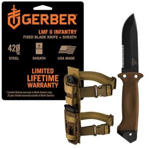 Gerber Gear LMF II Infantry Survival Knife, Military Grade Tactical Fixed Blade with Serrated Edge, Shock Absorbing Handle, Molle Sheath and Sharpener, Coyote Brown