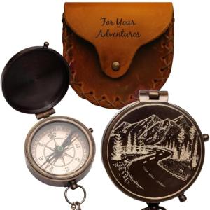 Engraved Compass Gift for Men – Vintage Brass Pocket Compass for Hiking, Adventure, and Travel – Antique Finish with Leather Case – Moon & Stars, or Road Design – Gift for Dad, Husband, or Son