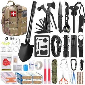 Gifts for Men Dad Christmas LUXMOM Survival Kit and First Aid Kit, 142Pcs Professional Survival Gear and Equipment with Molle Pouch, for Men Camping Outdoor Adventure