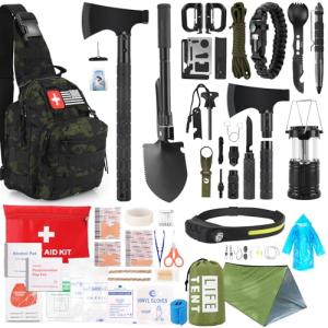 Survival Kit, 268 Pcs Emergency Survival Gear and Equipment Supplies with First Aid Kit, Camping Axe, Headlamp, Crossbody Bag for Camping Hiking, Hunting, Gift for Christmas Men, Dads, Black Como