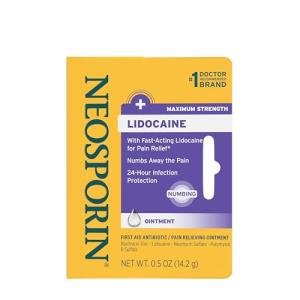 Neosporin + Lidocaine First Aid Triple Antibiotic Ointment, Fast-Acting, Maximum Strength Topical Pain Relief, 24-Hour Infection Protection That Numbs Away The Pain for Minor Wound Care, 0.5 oz
