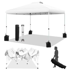 WEIZE Pop up Canopy Tent 10x10ft, 1-Button Push Setup, Instant Portable Shelter, Adjustable Height, Portable Roller Bag, 4 Weight Bags, Guy Ropes & Stakes Included, White