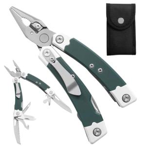 HANSHI G10 Handle Multitool Pliers with YG10 Tungsten Steel Replaceable Wire Cutters 12 in 1 Multi Tool Pocket Knife with Safety Lock,Saw,Bottel Opener for Camping,Survival with Nylon Sheath (green)