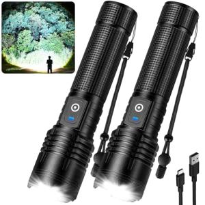 Kmivo Flashlight Rechargeable LED High Lumens, 99,000 Lumens Super Bright Flash Lights with 5 Modes, Adjustable，Waterproof Powerful Linterna for Home, Camping(2 Pack)