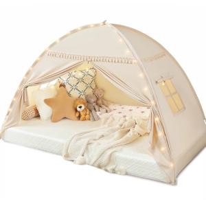 Toddler bed Tent Canopy: Lights & Flags Indoor Floor Twin Bed Kids Tent Play Tent - Twin Bed Curtains - Girls&Boys Play House Bedroom Privacy Space Sleeping Tents Gifts Large Teepee Tent(Golden Beige)