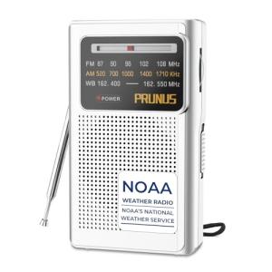 PRUNUS J-161 Pocket NOAA Weather Radio, AM FM Radio Battery Operated by 2 AA Transistor Radio with Best Reception,Stereo Earphone Jack, for Emergency,Hurricane,Running, Walking,Home (Silver)