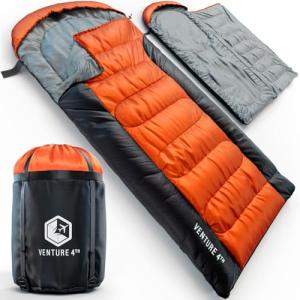 VENTURE 4TH 3-Season XXL Backpacking Sleeping Bag, Camping Sleeping Bags for Adults & Kids - Lightweight, Comfortable, Water Resistant, Ideal for Hiking, Camping & Outdoor – Orange/Gray