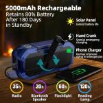 KAYINOW Emergency NOAA Weather Radio, Solar Hand Crank FM AM Radio with Bluetooth Speaker, 5000mAh Battery Powered Phone Charger, Flashlight, IPX5 Waterproof, SOS Alarm for Survival Hurricane Camping