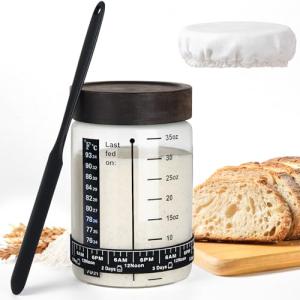 77L Sourdough Starter Jar, 35 oz Sourdough Starter Kit with Date Marker Feeding Band, Thermometer, Food-Grade Scraper, Cloth Cover and Acacia Wood Lid, Sourdough Bread Baking Supplies