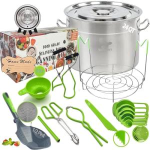 Supa Ant Canning Supplies Starter Kit with Stainless Steel Water Bath Canning Pot - XL Ladle + Measuring Cups, Funnel, Tongs, Jar Lifter and Wrench, Lid Lifter, Bubble Popper, 90x Labels (Food Grade)