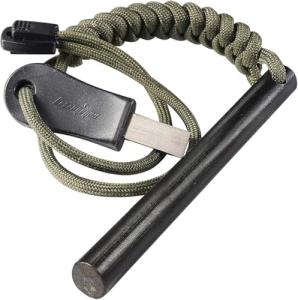 4 Inch Survival Ferrocerium Drilled Flint Fire Starter, Ferro Rod Kit with Paracord Landyard Handle and Striker, 4"(Long) x 3/8