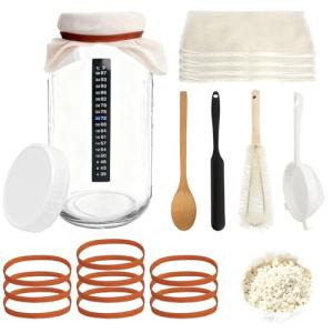 PEDOBALI 12 Pcs Complete Kefir Starter Kit with Plastic Lid, Cotton Cloth, Nylon Mesh Strainer, Cover and Wooden Spoon 64 oz Kombucha Fermenter Kit Wide Mouth Mason Jar Fermenter Jar for Home Brewing