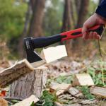 Chopping Axe, 15”Outdoor Hatchet Forged Carbon Steel Heat Treated Hand Maul Tool, Fiberglass Shock Reduction Handle with Anti-Slip Grip,Red