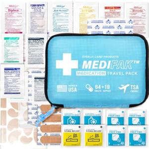 EVERLIT CARE Travel Essential Medicine First Aid Kit I Bonus Medical Supplies I TSA Compliant Mini Size Medkit for Traveling Camping Trips Individually Packed 64 Tablets (Blue)