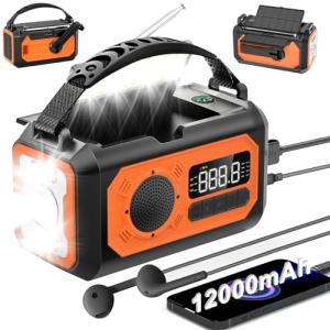 irjeen 12000mAh Emergency Radio, Portable Weather Alert Radio AM/FM/NOAA, Hand Crank with Flashlight, Reading Lamp, SOS Alarm, USB Charger, for Home & Outdoor Emergency (Orange)