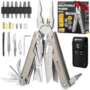 BIBURY Titanium Alloy Multitool with Damascus Knife, EDC Multi tools with Replaceable Wire Cutters, Scissors, Screwdriver Bits, Titanium Handle Multi-Tool for Camping, Survival, Repair - BI2049TI