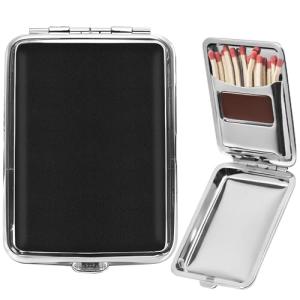 Metal Match Box Case with Friction Plate Portable Matchstick Holder Storage Case Reusable One Button Stainless Steel Dampproof Fireplace Starter for Outdoor Camping