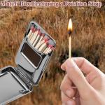 Metal Match Box Case with Friction Plate Portable Matchstick Holder Storage Case Reusable One Button Stainless Steel Dampproof Fireplace Starter for Outdoor Camping