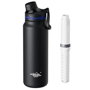 Membrane Solutions C3 Filtered Water Bottle, 32oz Stainless Steel Water Bottle with Replaceable ACF+UF Filter Cartridge, Portable Water Filter, Travel, Hiking & Camping for Drinking Water(Black)