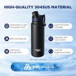 Membrane Solutions C3 Filtered Water Bottle, 32oz Stainless Steel Water Bottle with Replaceable ACF+UF Filter Cartridge, Portable Water Filter, Travel, Hiking & Camping for Drinking Water(Black)