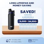 Membrane Solutions C3 Filtered Water Bottle, 32oz Stainless Steel Water Bottle with Replaceable ACF+UF Filter Cartridge, Portable Water Filter, Travel, Hiking & Camping for Drinking Water(Black)