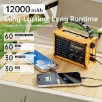 Weather Radios Portable AM FM NOAA Alert with Battery Backup 12000mAh 44400mWh, Fast Solar Power, Emergency Radio Hand Crank Flashlight, Reading Lamp SOS for Home Outdoor Camping
