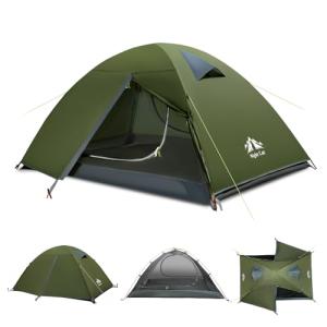 Night Cat 2-Persons Backpacking Tent: Waterproof Lightweight Camping Tent for Two People Hiking Outdoor Mountain with Aluminum Poles and Rainfly Army Green