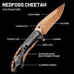 NedFoss CHEETAH Folding Pocket Knife, Premium Gold D2 Steel Blade Survival Knife, Unique Aluminum Handle with Skeletonized Frame, Pocket Clip, Cool Pocket Knives for Men Gift
