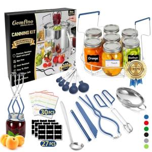Gemfino Canning Supplies Starter Kit with Canning Rack,Canning Kit for Beginners 11 Pcs, Jar Lifter, Funnel, Wrench, Tongs, Lid Lifter, Bubble Popper, Labels, Ladle, Measuring Spoon - Blue