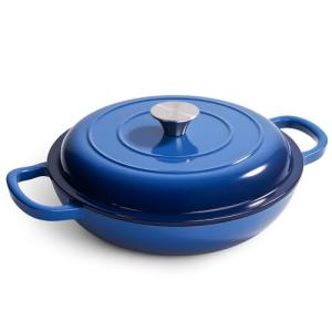 3 Quart Enameled Cast Iron Braiser, Non Stick Enameled Cast Iron Skillet with Lid, Dutch Oven Skillet with lid up to 500°F for Oven, Stove, Grill, Shallow Dutch Oven for Cook, Bake (Blue)