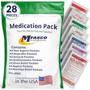 MFASCO - 7 in 1 - Travel Size Medicine Kit - TSA Approved | 28 First Aid Emergency OTC Medicine Packets for Cruise & International Travel | Compact Med Refill for Traveling & Office Assembled in USA