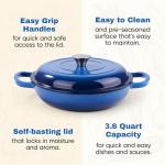 3 Quart Enameled Cast Iron Braiser, Non Stick Enameled Cast Iron Skillet with Lid, Dutch Oven Skillet with lid up to 500°F for Oven, Stove, Grill, Shallow Dutch Oven for Cook, Bake (Blue)