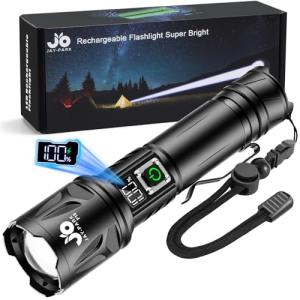 JAY-PARK High Lumen Flashlight - 100000 Lumens, Rechargeable 5000mAh with LCD Display, Zoomable Long Beam (3000m), IP67 Waterproof, 5 Modes & Belt Clip - for Camping, Dog Walking