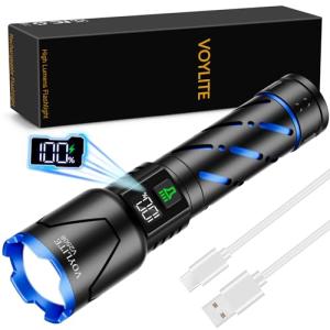 Voylite Rechargeable Flashlights High Lumens - 100000 LM, 5000mAh Battery with LCD Display, 3 Modes, Zoomable & IP67 Waterproof - for Camping, Dog Walking, Emergencies
